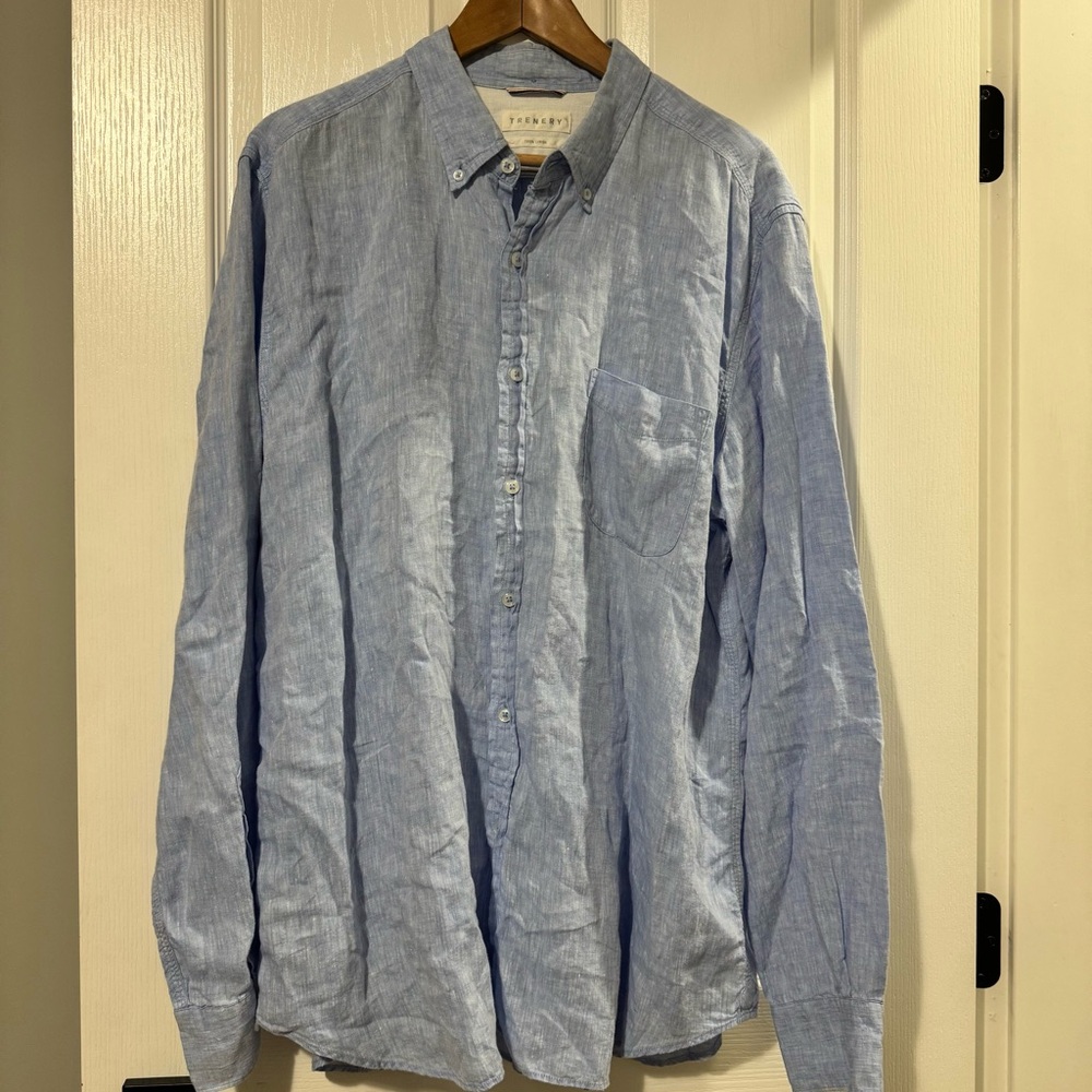 Men’s 100% Linen Light Blue Button Down Long-Sleeved Shirt XXL